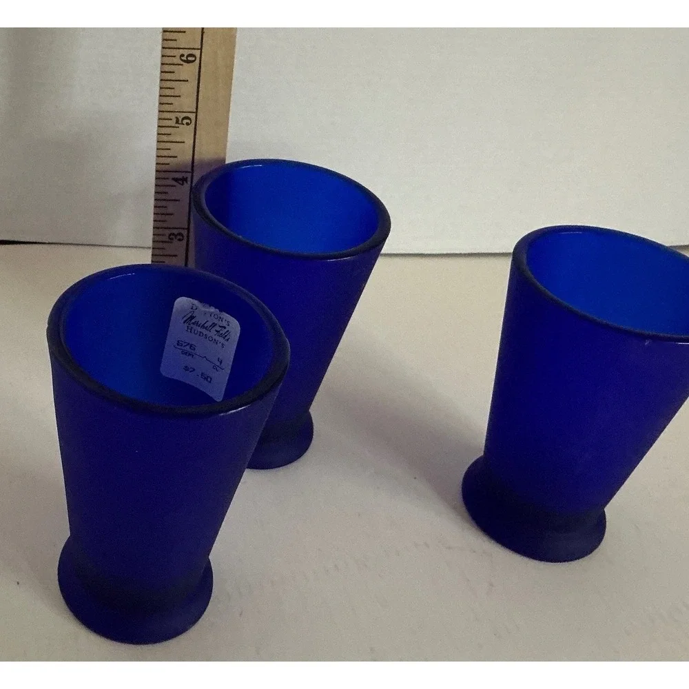 Cobalt Blue Frosted Glass Shot Glasses Set of 3 Tapered Conical Barware